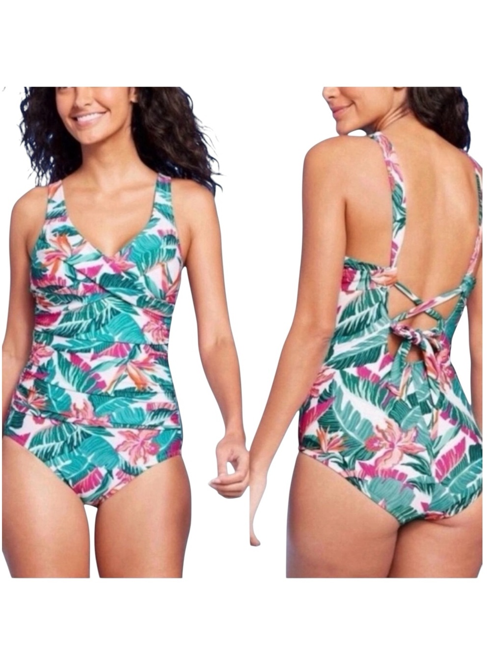 Kona Sol Full Coverage Tummy Control Tropical Print Wrap Swimsuit SMALL - NWT